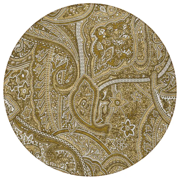 8' Brown Tan And Beige Round Paisley Washable Indoor Outdoor Area Rug