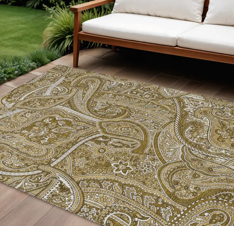 8' X 10' Brown Tan And Beige Paisley Washable Indoor Outdoor Area Rug