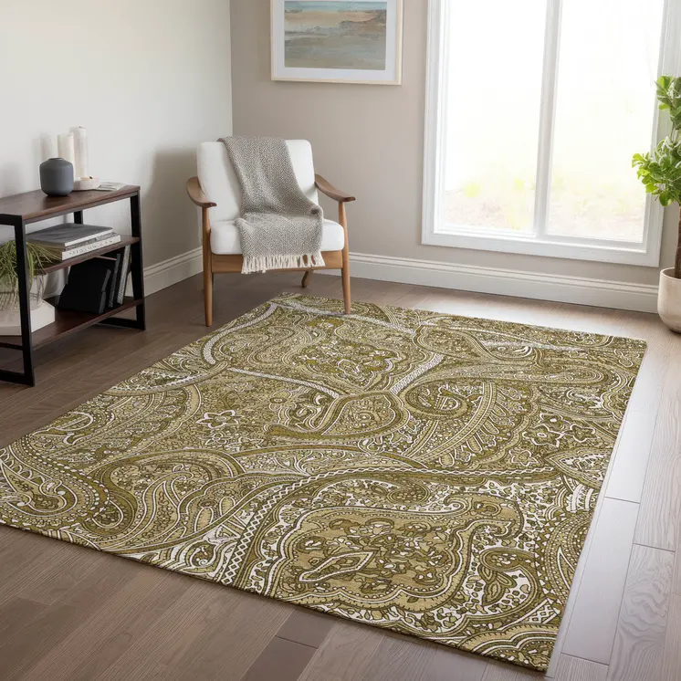 8' X 10' Brown Tan And Beige Paisley Washable Indoor Outdoor Area Rug