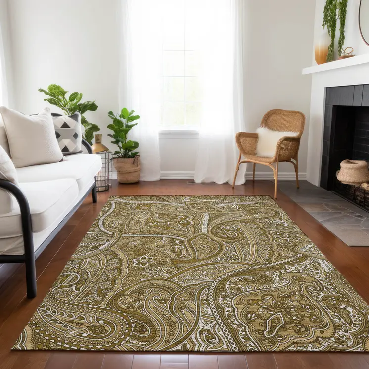 8' X 10' Brown Tan And Beige Paisley Washable Indoor Outdoor Area Rug