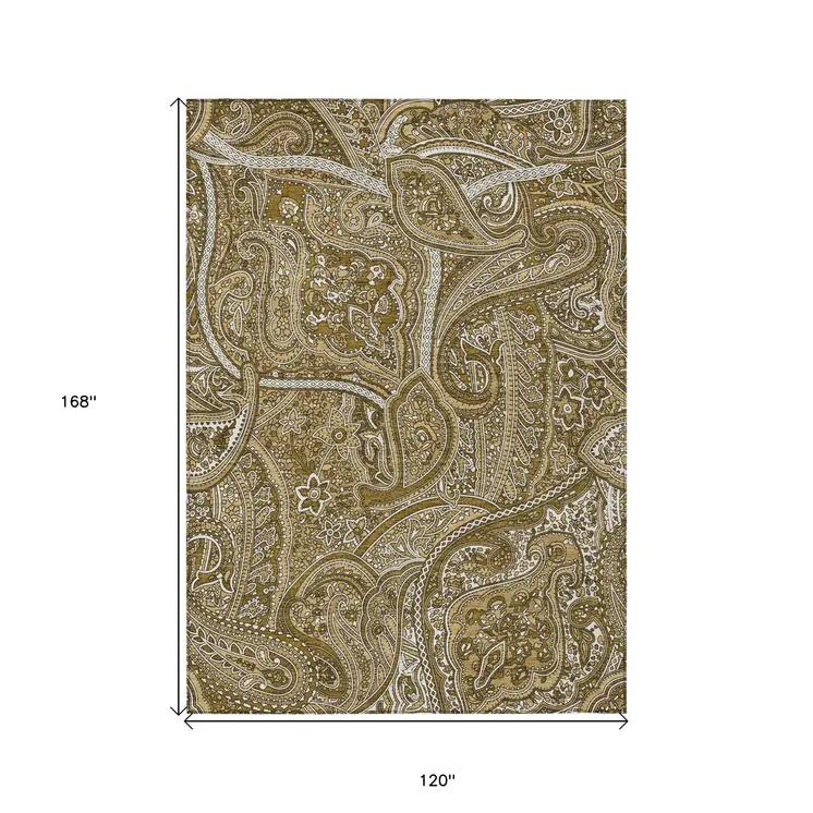 10' X 14' Brown Tan And Beige Paisley Washable Indoor Outdoor Area Rug