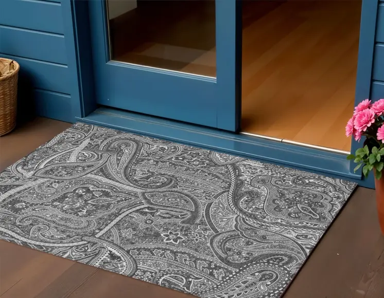 3' X 5' Gray Silver And Charcoal Paisley Washable Indoor Outdoor Area Rug