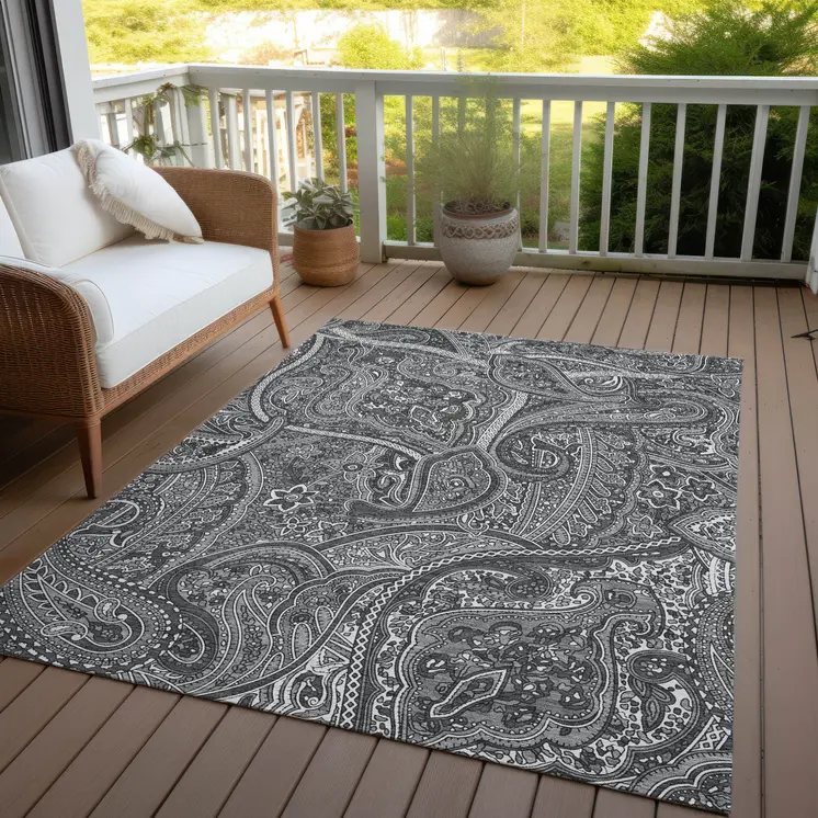 3' X 5' Gray Silver And Charcoal Paisley Washable Indoor Outdoor Area Rug