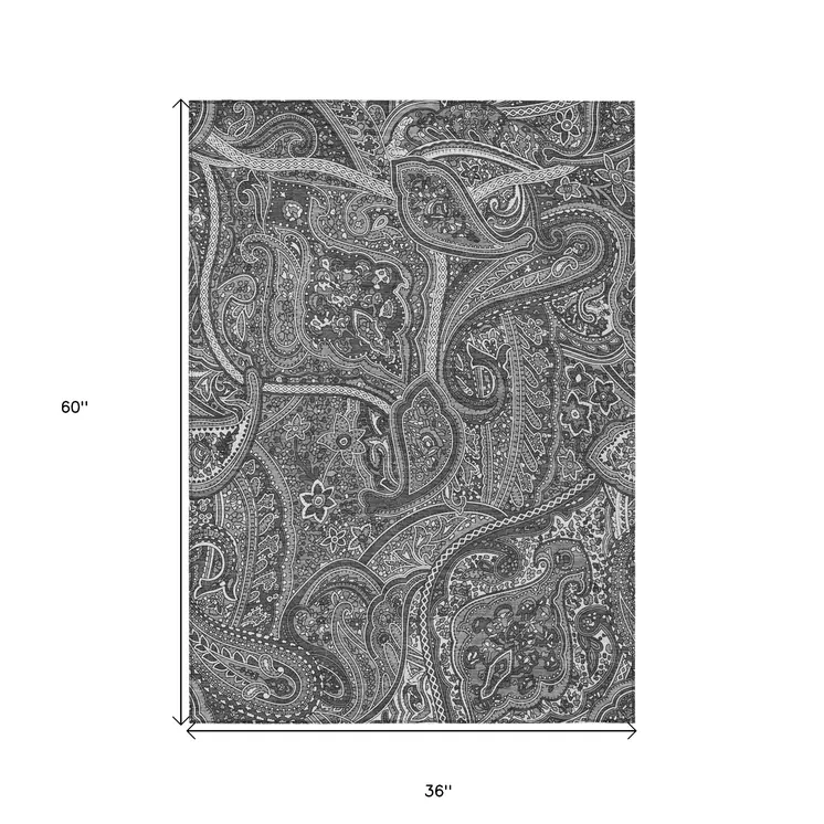 3' X 5' Gray Silver And Charcoal Paisley Washable Indoor Outdoor Area Rug