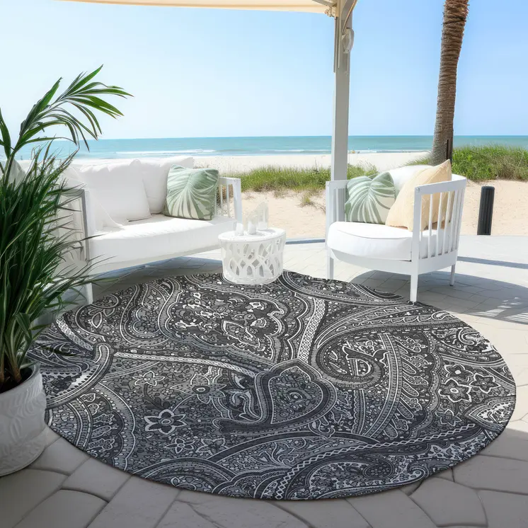8' Gray Silver And Charcoal Round Paisley Washable Indoor Outdoor Area Rug