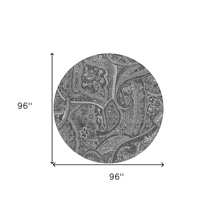 8' Gray Silver And Charcoal Round Paisley Washable Indoor Outdoor Area Rug