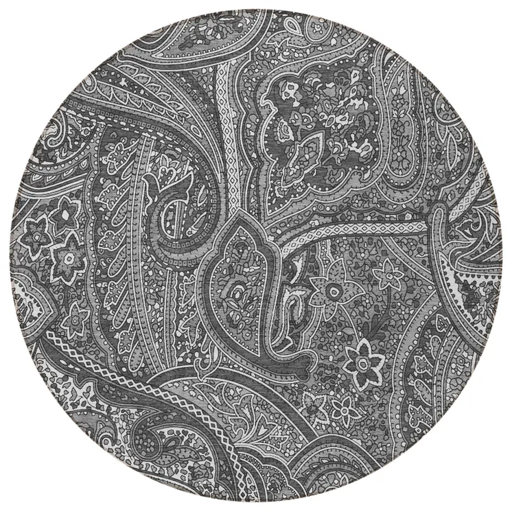 8' Gray Silver And Charcoal Round Paisley Washable Indoor Outdoor Area Rug