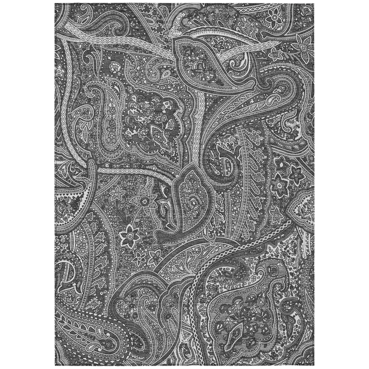 9' X 12' Gray Silver And Charcoal Paisley Washable Indoor Outdoor Area Rug