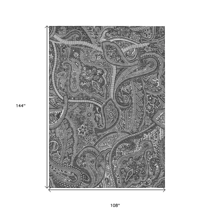 9' X 12' Gray Silver And Charcoal Paisley Washable Indoor Outdoor Area Rug