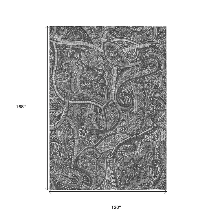 10' X 14' Gray Silver And Charcoal Paisley Washable Indoor Outdoor Area Rug