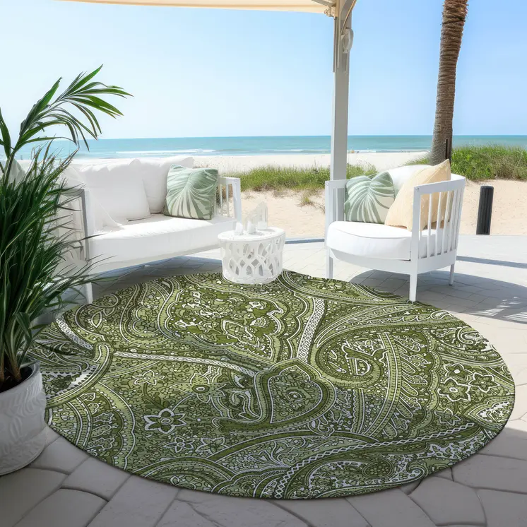 8' Artichoke Green And Olive Green Round Paisley Washable Indoor Outdoor Area Rug