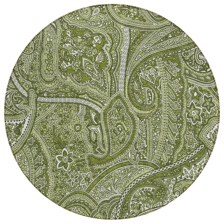 8' Artichoke Green And Olive Green Round Paisley Washable Indoor Outdoor Area Rug