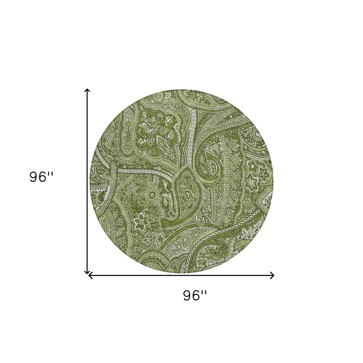 8' Artichoke Green And Olive Green Round Paisley Washable Indoor Outdoor Area Rug