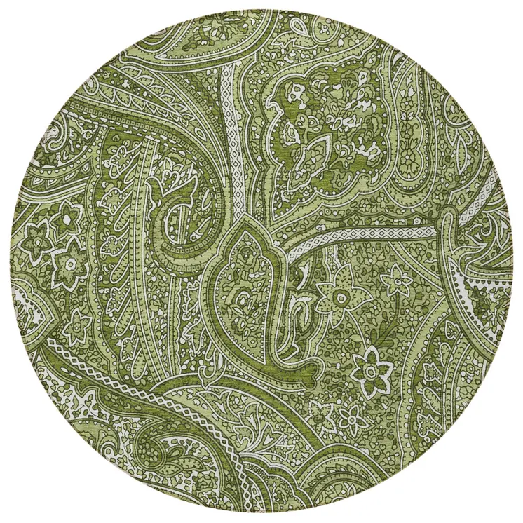 8' Artichoke Green And Olive Green Round Paisley Washable Indoor Outdoor Area Rug