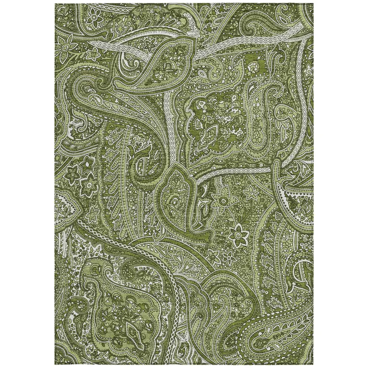 8' X 10' Artichoke Green And Olive Green Paisley Washable Indoor Outdoor Area Rug
