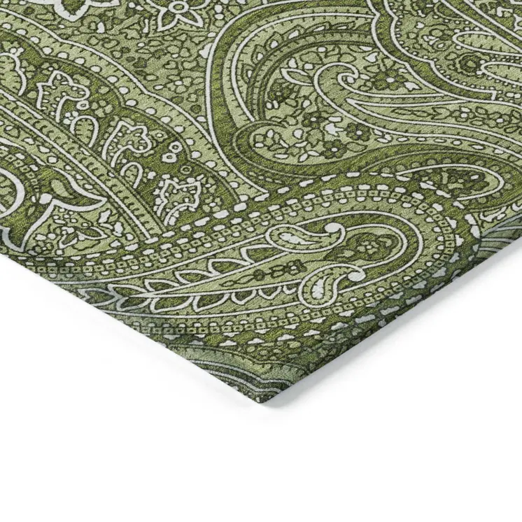 8' X 10' Artichoke Green And Olive Green Paisley Washable Indoor Outdoor Area Rug