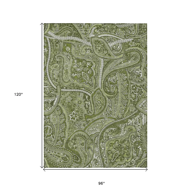 8' X 10' Artichoke Green And Olive Green Paisley Washable Indoor Outdoor Area Rug