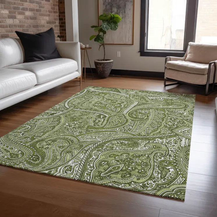 8' X 10' Artichoke Green And Olive Green Paisley Washable Indoor Outdoor Area Rug