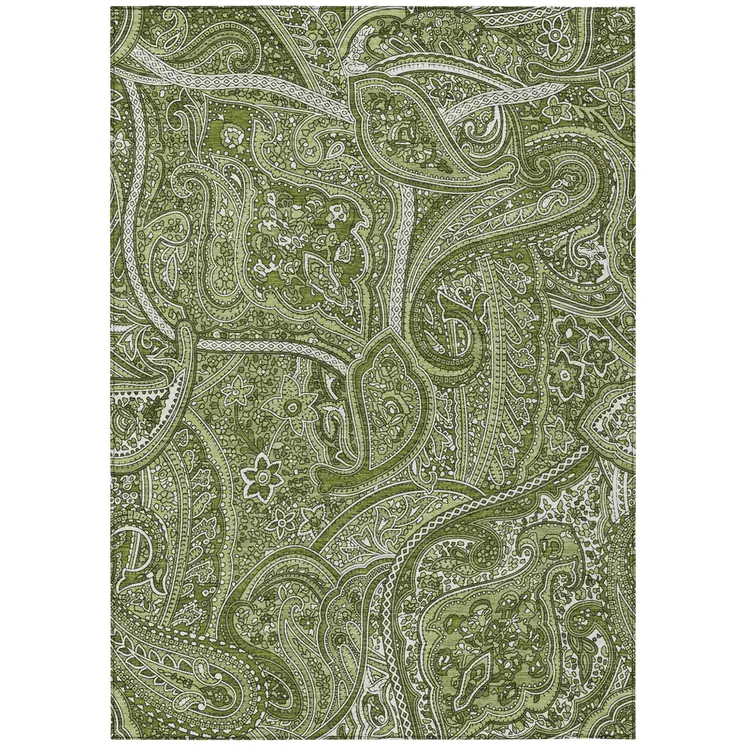 10' X 14' Artichoke Green And Olive Green Paisley Washable Indoor Outdoor Area Rug