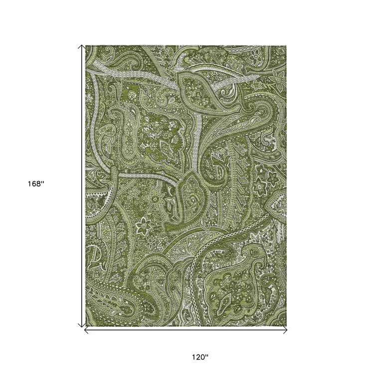 10' X 14' Artichoke Green And Olive Green Paisley Washable Indoor Outdoor Area Rug