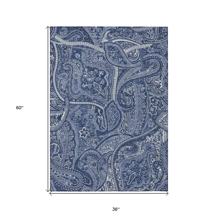 3' X 5' Navy Blue And Sky Blue Paisley Washable Indoor Outdoor Area Rug