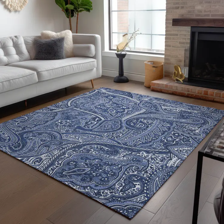 3' X 5' Navy Blue And Sky Blue Paisley Washable Indoor Outdoor Area Rug