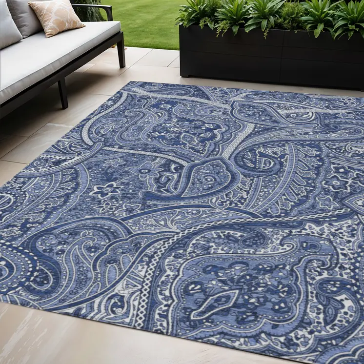 5' X 8' Navy Blue And Sky Blue Paisley Washable Indoor Outdoor Area Rug