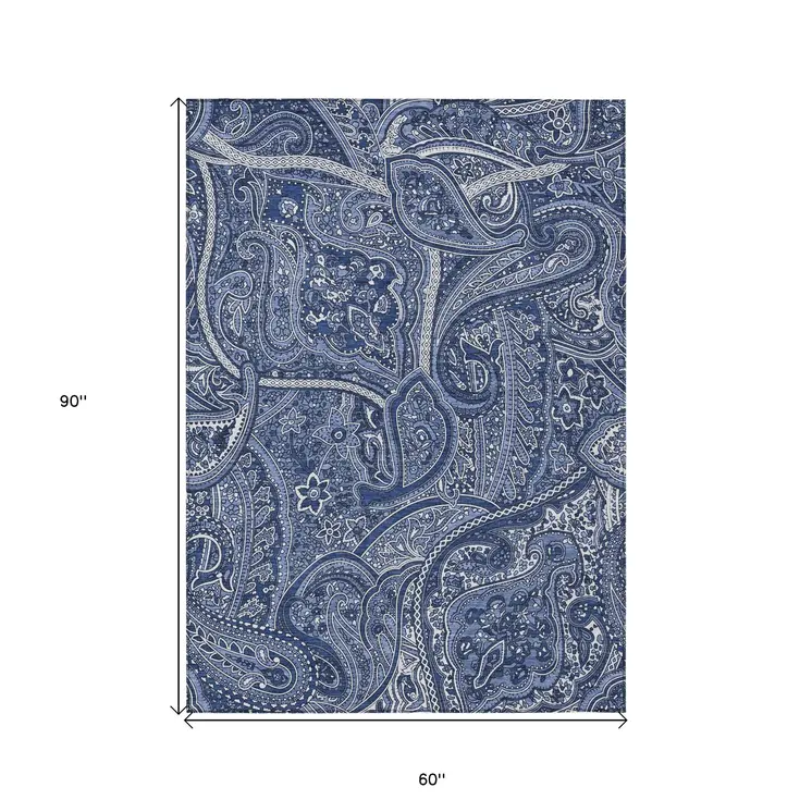 5' X 8' Navy Blue And Sky Blue Paisley Washable Indoor Outdoor Area Rug