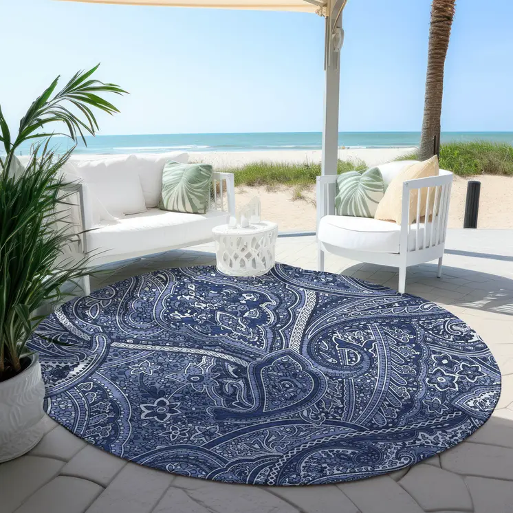 8' Navy Blue And Sky Blue Round Paisley Washable Indoor Outdoor Area Rug