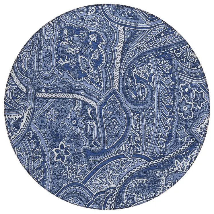 8' Navy Blue And Sky Blue Round Paisley Washable Indoor Outdoor Area Rug