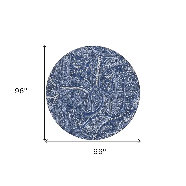 8' Navy Blue And Sky Blue Round Paisley Washable Indoor Outdoor Area Rug