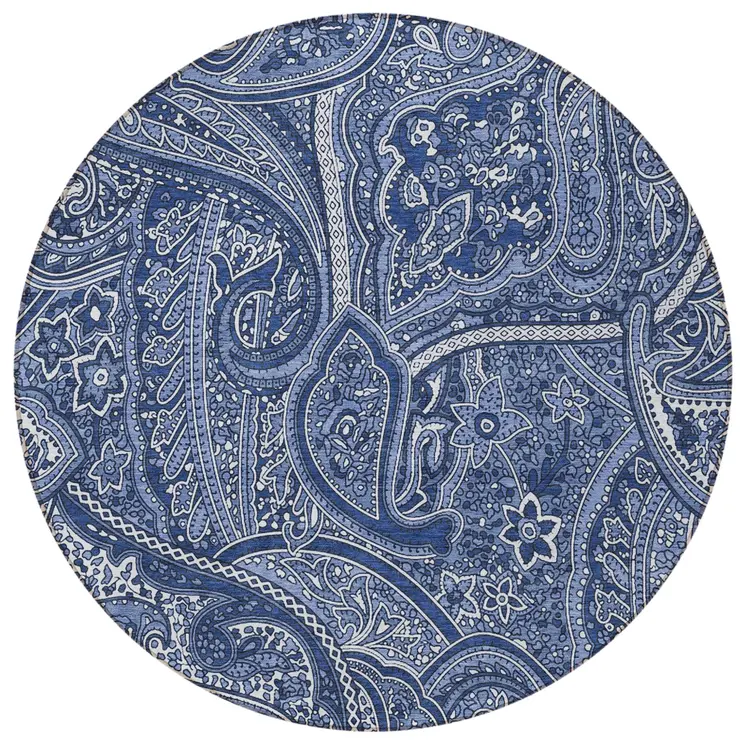 8' Navy Blue And Sky Blue Round Paisley Washable Indoor Outdoor Area Rug