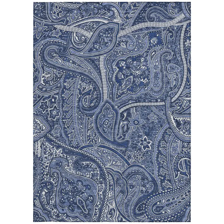 9' X 12' Navy Blue And Sky Blue Paisley Washable Indoor Outdoor Area Rug