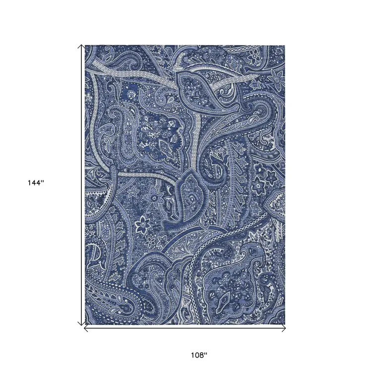 9' X 12' Navy Blue And Sky Blue Paisley Washable Indoor Outdoor Area Rug