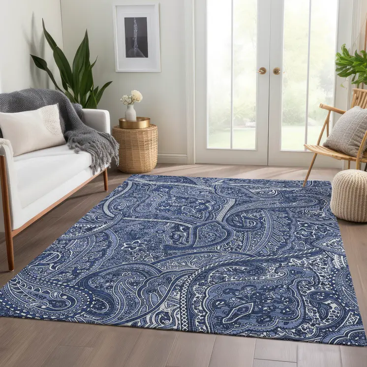 9' X 12' Navy Blue And Sky Blue Paisley Washable Indoor Outdoor Area Rug