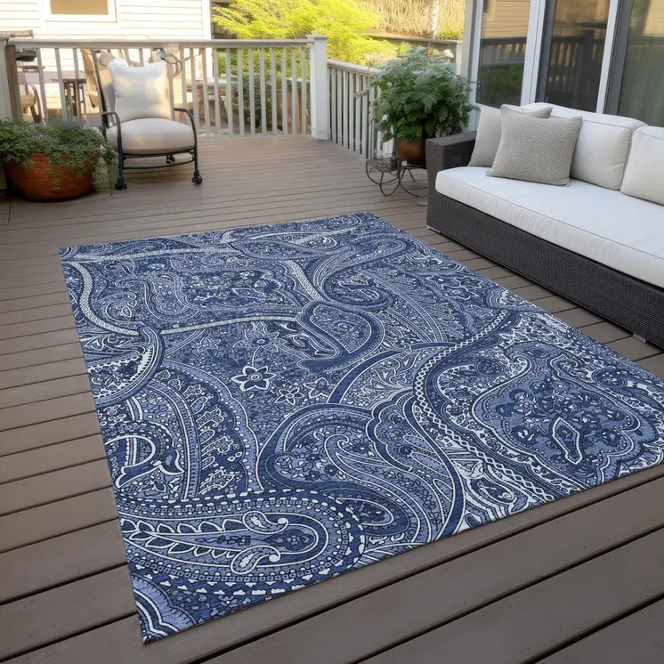 10' X 14' Navy Blue And Sky Blue Paisley Washable Indoor Outdoor Area Rug