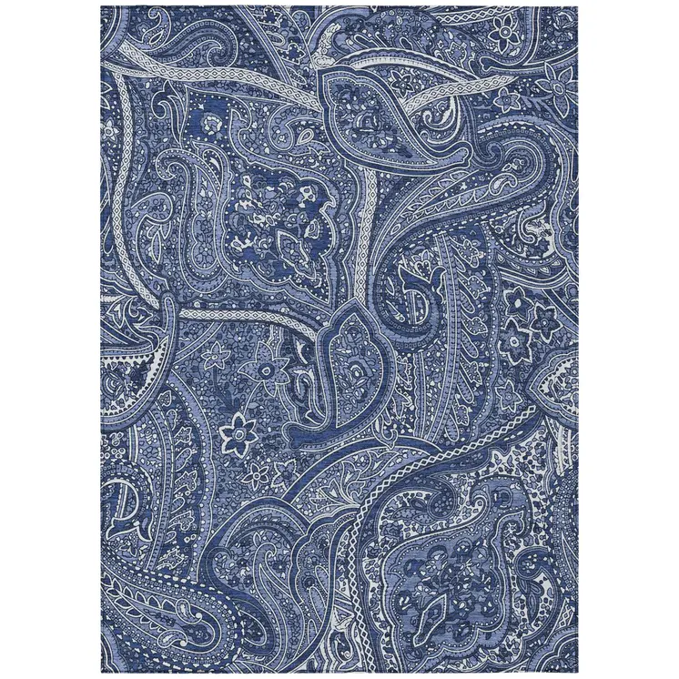 10' X 14' Navy Blue And Sky Blue Paisley Washable Indoor Outdoor Area Rug
