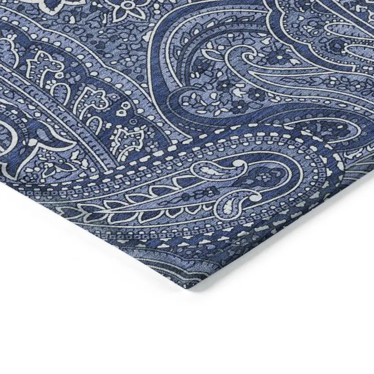 10' X 14' Navy Blue And Sky Blue Paisley Washable Indoor Outdoor Area Rug