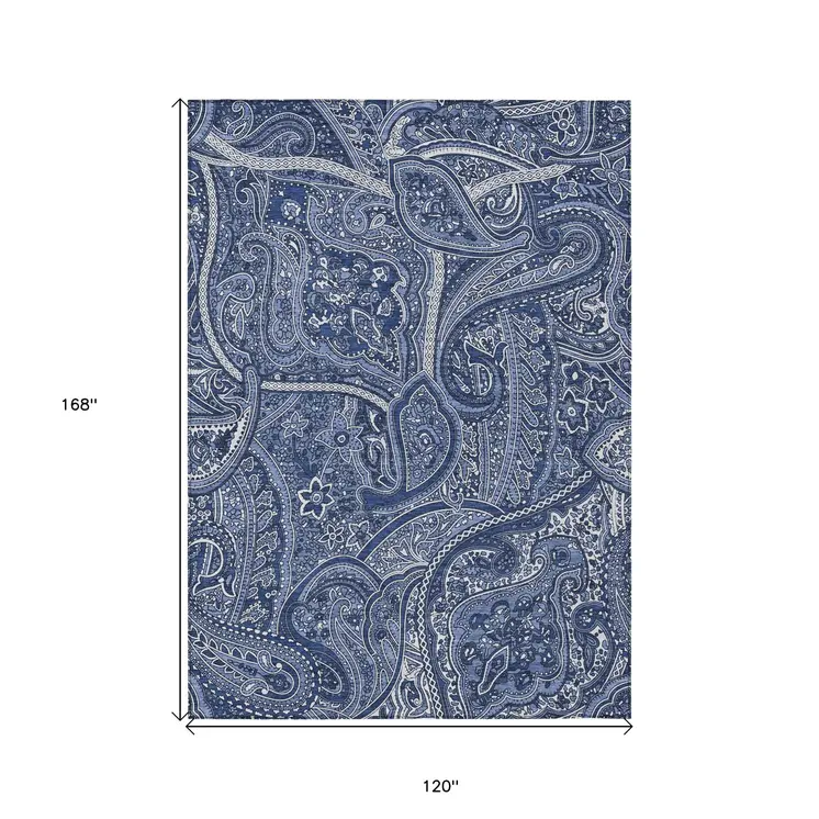 10' X 14' Navy Blue And Sky Blue Paisley Washable Indoor Outdoor Area Rug
