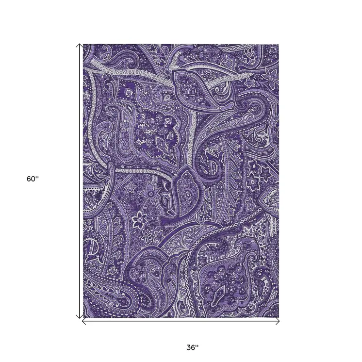 3' X 5' Purple Lavender And Silver Paisley Washable Indoor Outdoor Area Rug