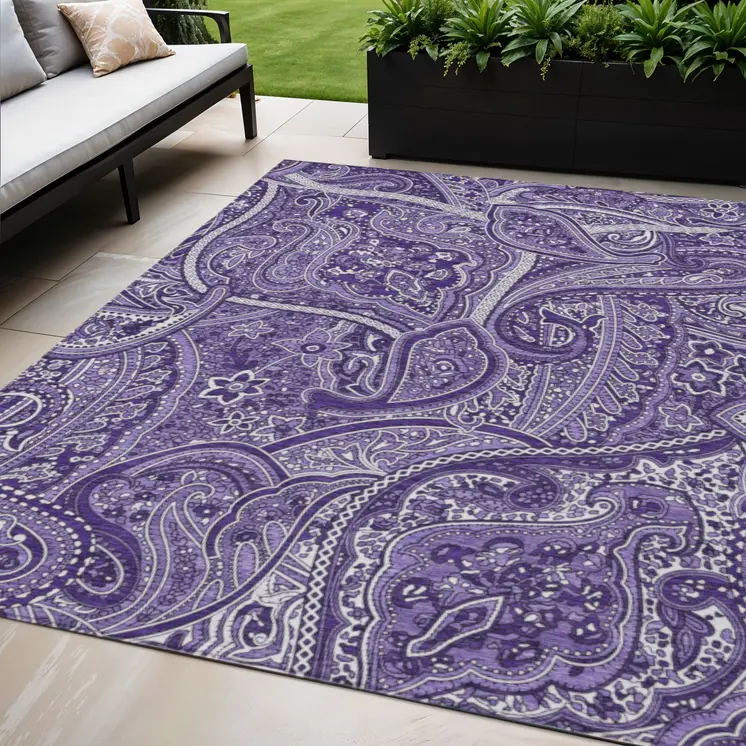 5' X 8' Purple Lavender And Silver Paisley Washable Indoor Outdoor Area Rug