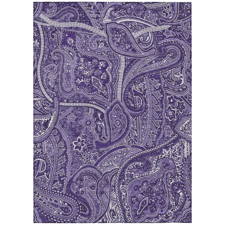 5' X 8' Purple Lavender And Silver Paisley Washable Indoor Outdoor Area Rug