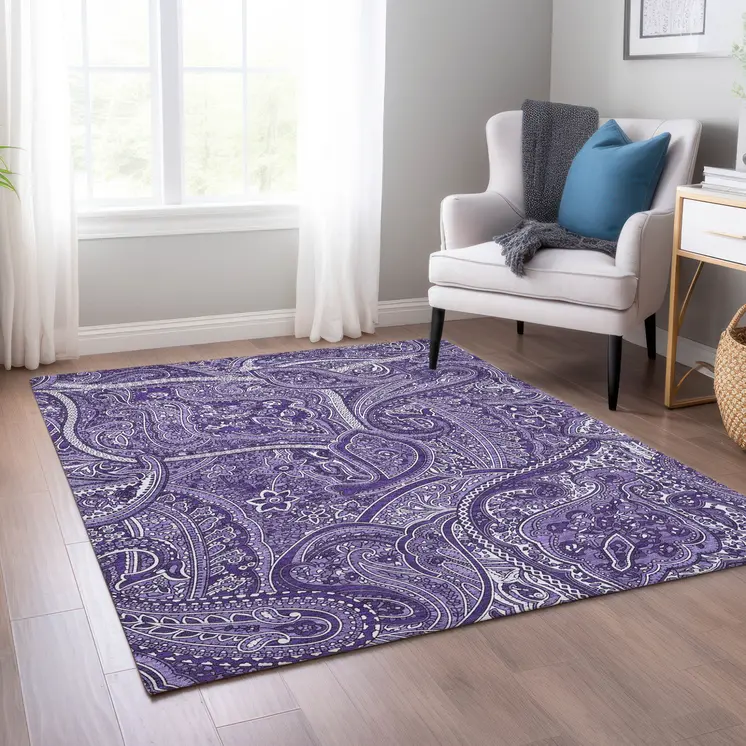 5' X 8' Purple Lavender And Silver Paisley Washable Indoor Outdoor Area Rug