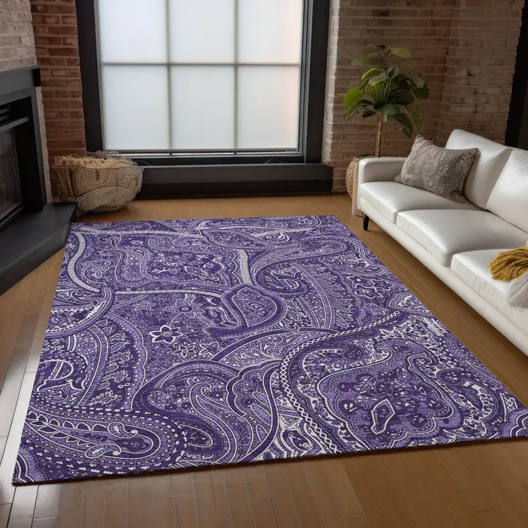 5' X 8' Purple Lavender And Silver Paisley Washable Indoor Outdoor Area Rug