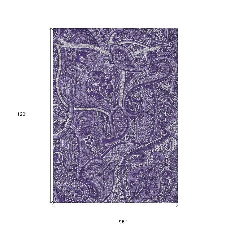 8' X 10' Purple Lavender And Silver Paisley Washable Indoor Outdoor Area Rug