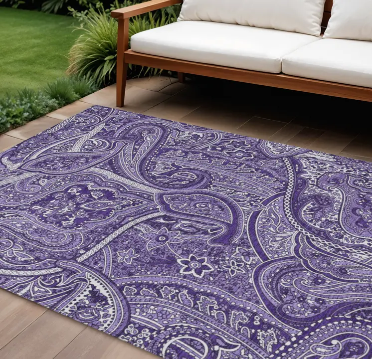 9' X 12' Purple Lavender And Silver Paisley Washable Indoor Outdoor Area Rug