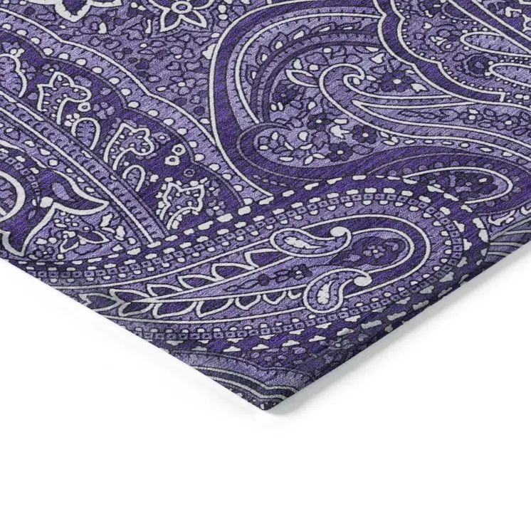 9' X 12' Purple Lavender And Silver Paisley Washable Indoor Outdoor Area Rug