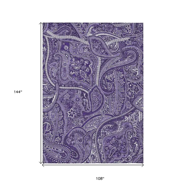 9' X 12' Purple Lavender And Silver Paisley Washable Indoor Outdoor Area Rug