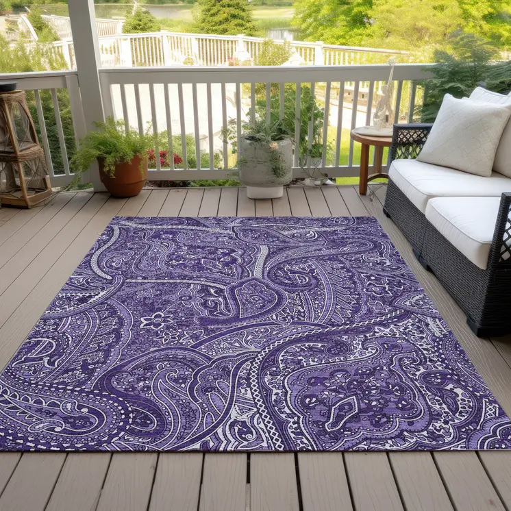 9' X 12' Purple Lavender And Silver Paisley Washable Indoor Outdoor Area Rug