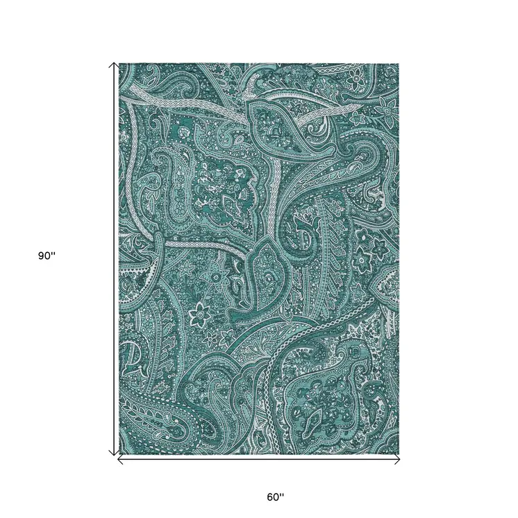 5' X 8' Teal Blue Aqua And Ivory Paisley Washable Indoor Outdoor Area Rug